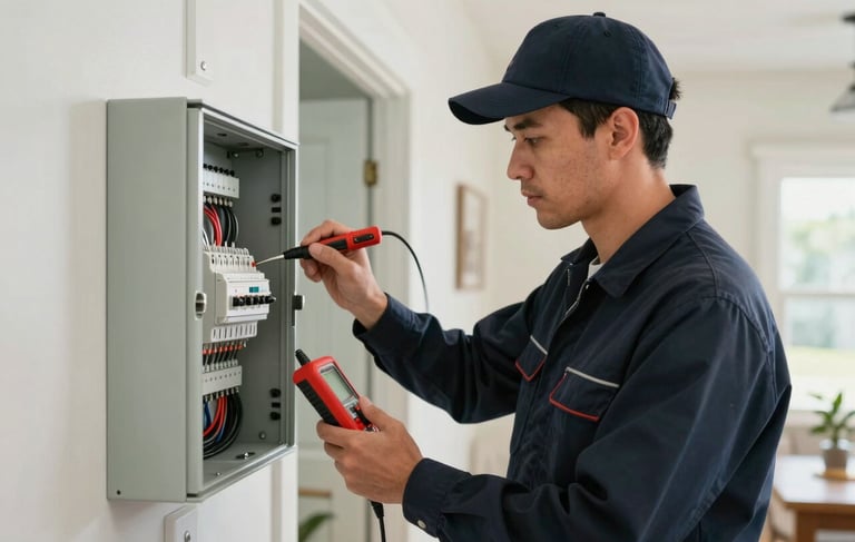 A professional electrician in a clean uniform using a diagnostic tool on an electrical panel inside a well-lit North American / US Gulf Coast home. The composition is focused and clean, showing reliability and expertise, with accents of dark navy and off-white in the background environment.