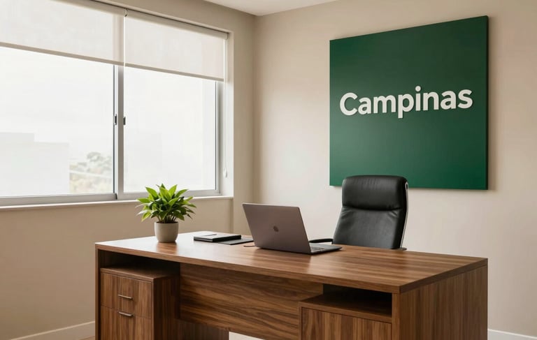 Photography of a modern and sophisticated real estate office in Campinas, South American / Brazilian setting. The interior features elegant wooden furniture, cream-colored walls, and large windows with soft natural light. On the desk, there is a small green plant and a professional laptop. The atmosphere is clean and trustworthy, dominated by beige and deep green tones.