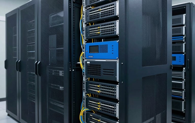 A professional photography shot of a clean, modern North American / US corporate server room with deep navy and soft blue equipment racks. The lighting is bright and technical, showing neatly organized low-voltage wiring and high-tech infrastructure in a polished setting.
