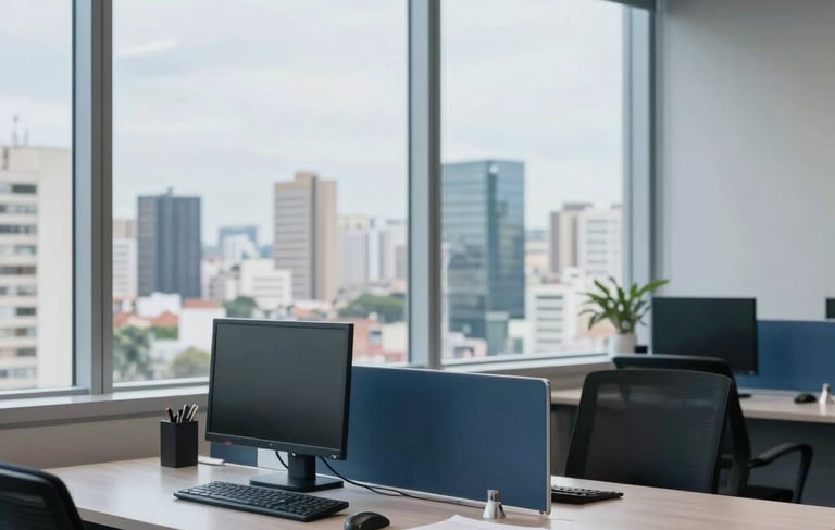 A professional and modern South American corporate office setting in Governador Valadares, Brazil. The scene shows a clean and organized workstation with a large window overlooking a Brazilian urban landscape. The lighting is bright and professional, utilizing steel blue and grey blue tones from the brand palette to convey trust and security.
