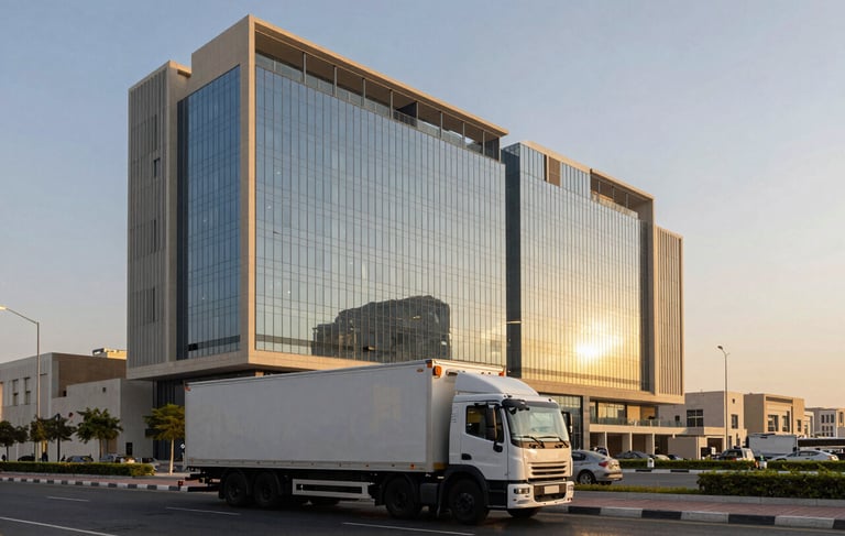 A high-end architectural photograph of the Arab Bank Building in Dubai's Port Saeed at dawn. The sky is a soft slate blue with golden sunlight reflecting off the glass facade. In the foreground, a modern, well-maintained commercial transport truck is parked on a clean, sun-drenched street, representing logistical capability. Professional Middle Eastern / Gulf urban atmosphere.