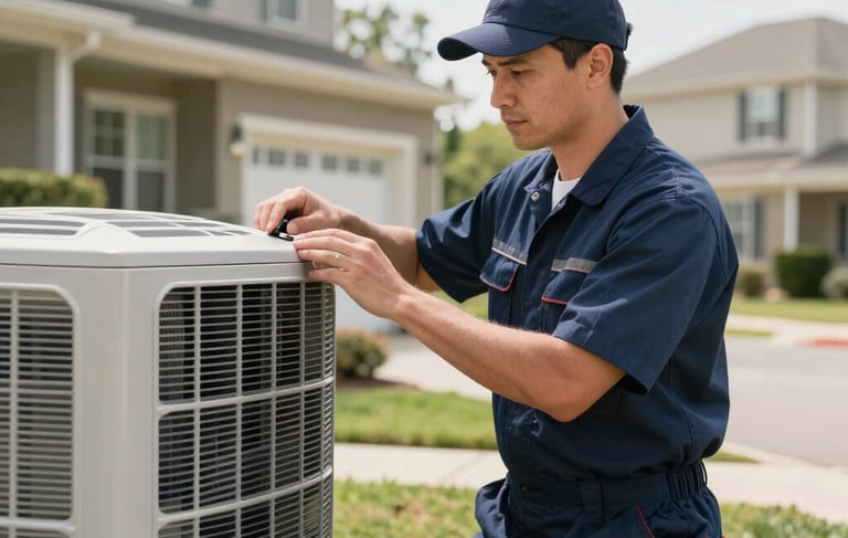 A professional HVAC technician in a clean navy blue uniform inspecting a modern air conditioning unit outside a North American suburban house. Bright natural daylight, soft focus on the residential background, conveying reliability and professionalism.