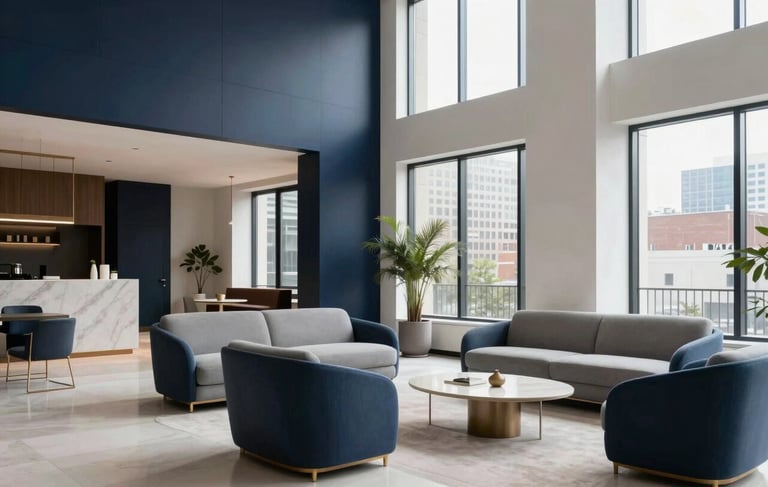 A high-end, professional architectural photograph of a modern apartment lobby in a North American city. The scene features minimalist designer furniture in steel blue and soft gray, large windows letting in bright natural light, and clean lines. The atmosphere is sophisticated and quiet, using a palette of dark navy blue and off-white.