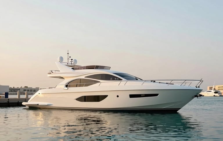 A side-profile shot of a sleek white luxury yacht moored at a Dubai marina during the golden hour. The soft light of the setting sun reflects off the calm turquoise water, highlighting the sophisticated marine engineering. Professional photography, minimalist composition, Middle Eastern / Gulf setting, featuring crisp white and light azure tones.