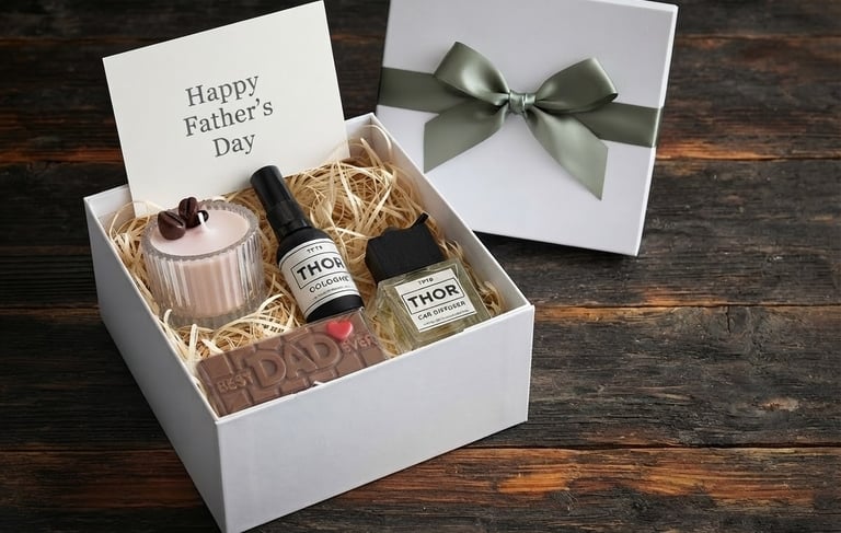 Luxury Father's Day gift box with cologne, diffuser, candle, and chocolate on a rustic wood surface.