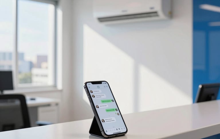 Photography of a modern office reception in Brazil with clean white walls and blue accents. On a sleek desk, a professional smartphone displays a chat app next to a miniature model of a wall-mounted air conditioning unit. Bright, natural South American daylight through a window, professional and welcoming atmosphere.
