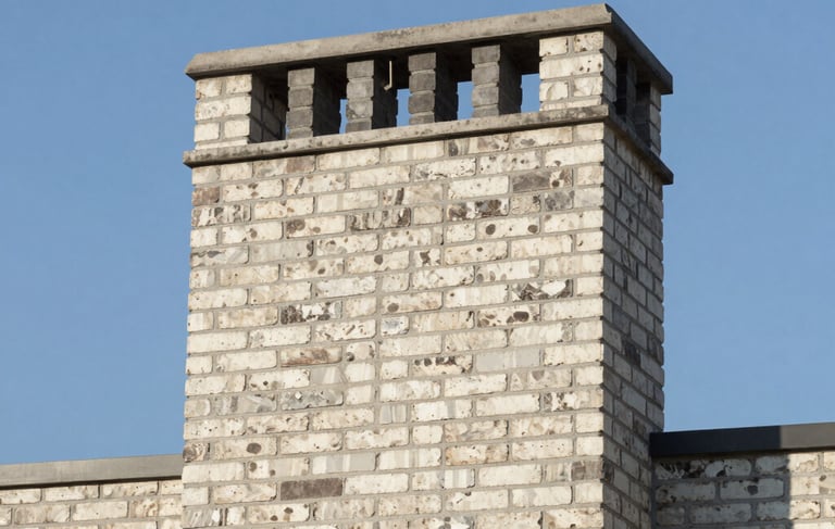 A professional wide-angle shot of a minimalist North American residential brick chimney against a clear blue sky. The composition is clean and architectural, highlighting the quality masonry work. Soft lighting emphasizes the textures of the off-white and dark gray materials.