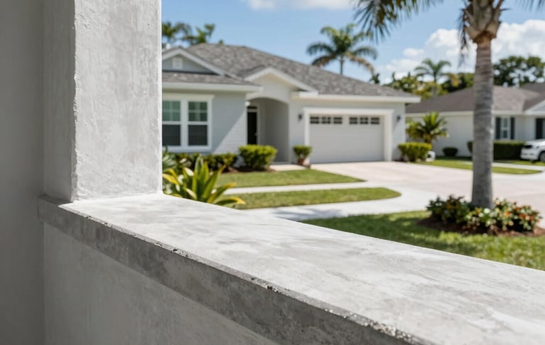 A professional architectural photograph of a classic Florida residential home. The shot focuses on a clean, restored light grey concrete window sill with smooth edges and no cracks. The background shows a sunny Ormond Beach neighborhood with palm trees under a bright blue sky. The style is clean and expert.