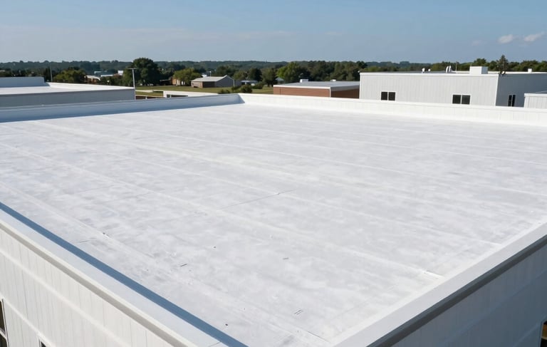 A high-angle professional photograph of a pristine, newly installed white torchdown flat roof on a modern commercial building in Toms River, New Jersey. The scene is bright and clean with a clear blue sky, emphasizing expert construction and durable waterproofing. No people in frame, North American / US architectural style.