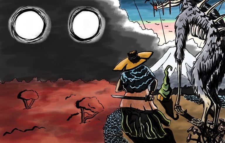 3 characters overlooking an autumn forest facing an unknown evil