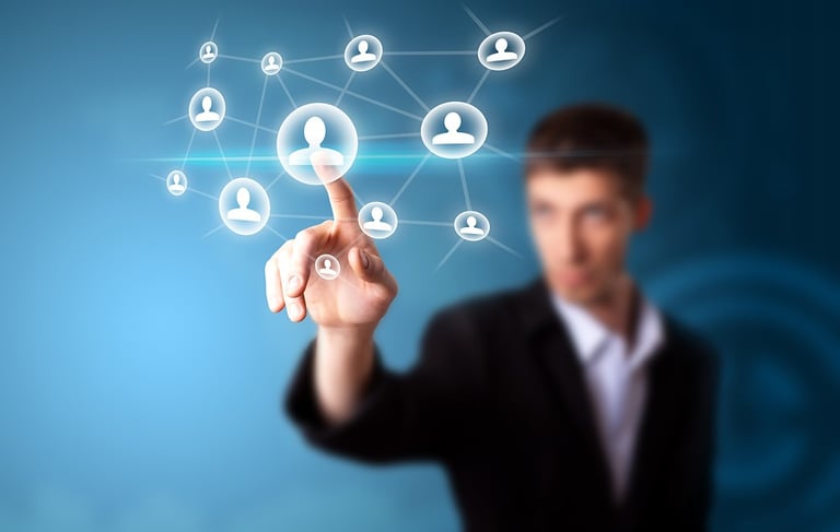 Man choosing employees on the screen 