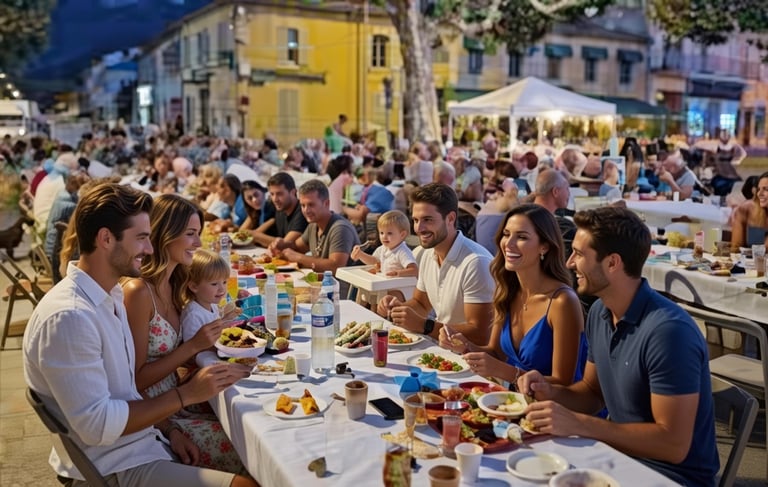 Smiling friends and families enjoy outdoor dining at a Quillan festival with long banquet tables.