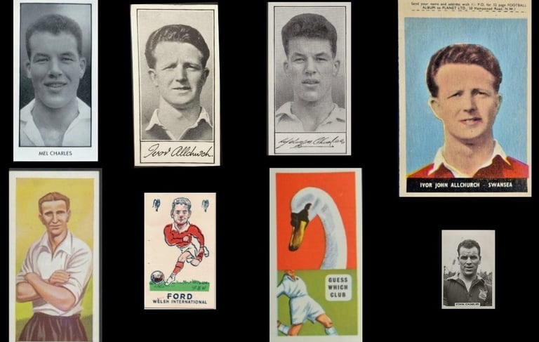 Vintage swansea football trading cards and stickers featuring Ivor Allchurch and John Charles.