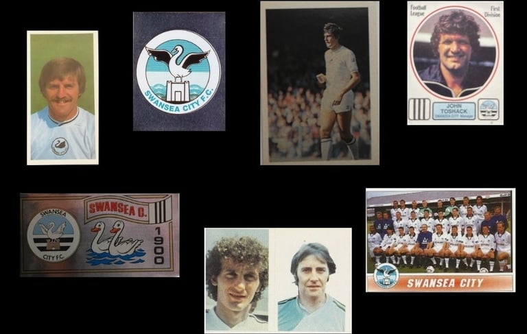 Vintage Swansea City AFC football memorabilia including player cards, John Toshack, and team photos.