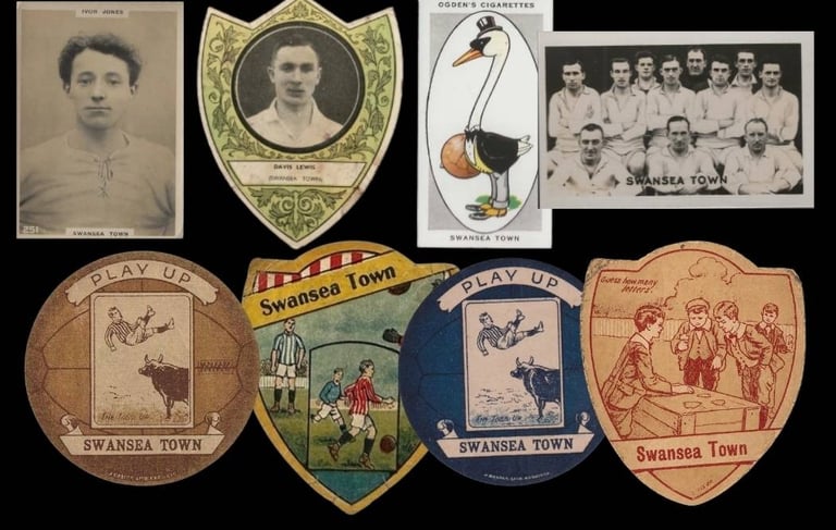 Collection of vintage Swansea Town football memorabilia including cigarette cards and team photos.