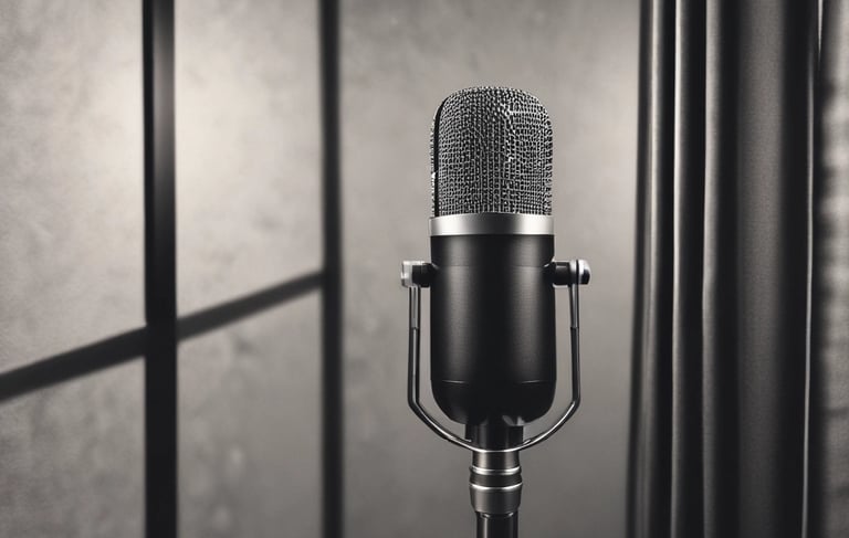 Stock image of a podcast microphone in black and white