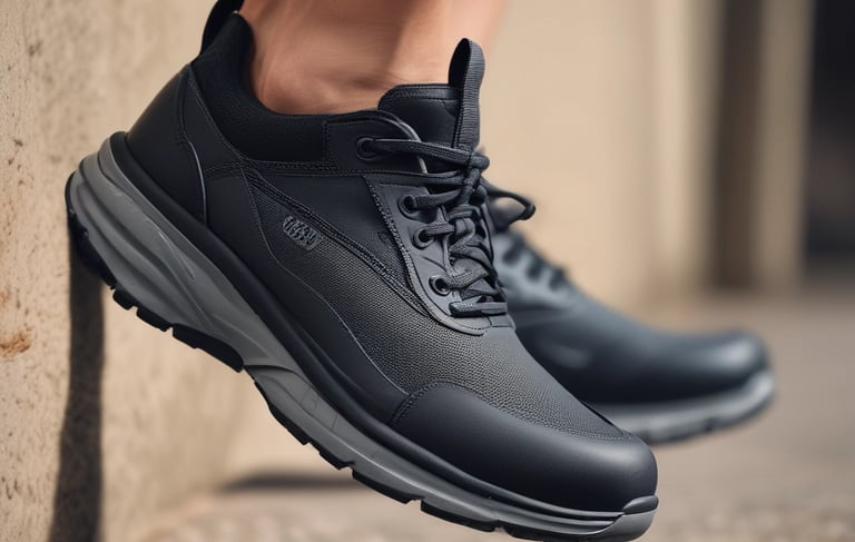 A person standing in the dirt with their feet up