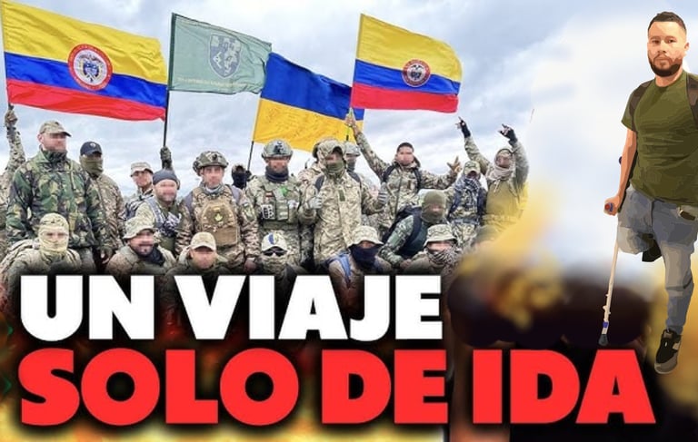Colombian volunteer soldiers in Ukraine holding flags with an amputee veteran on crutches.