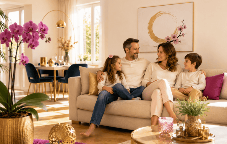 famille en harmonie dans son salon grâce au meilleur choix de la maison après conseils feng shui