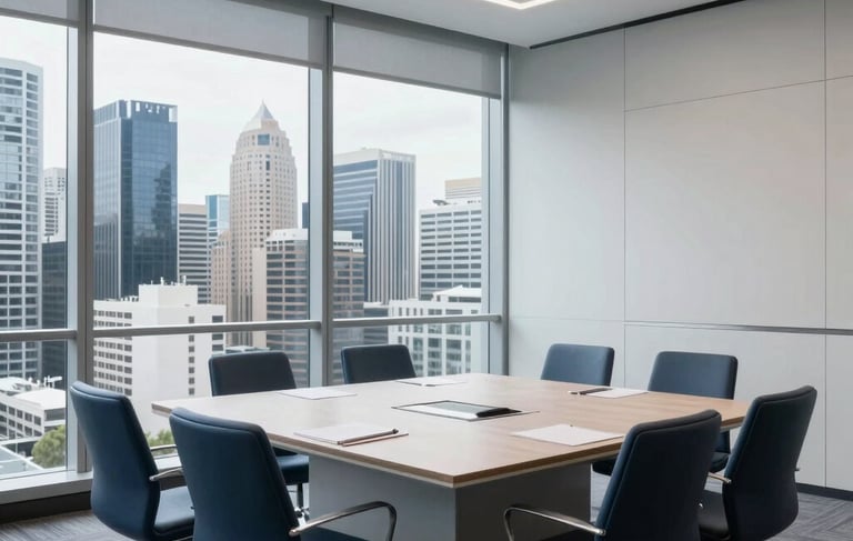 A bright, professional meeting room in an Australian corporate building, minimalist furniture, large windows showing a modern Sydney cityscape, soft natural lighting, clean lines, featuring professional blue and light grey tones.