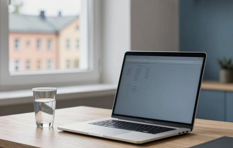 A clean, modern home office setup in Northern European style. A sleek silver laptop sits on a light wood desk next to a contemporary glass of water. Through the window, blurred Estonia architecture and soft daylight. The aesthetic is professional and efficient, with subtle slate blue and off-white accents in the room decor.