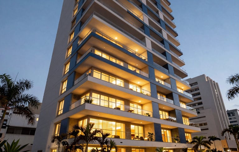 A low-angle professional architectural photograph of a modern residential building in a South American / Brazilian city during the blue hour. The building features sleek balconies with warm gold light emanating from within, clean white and dark blue exterior lines, and premium landscaping with tropical plants in the foreground under soft, sophisticated lighting.