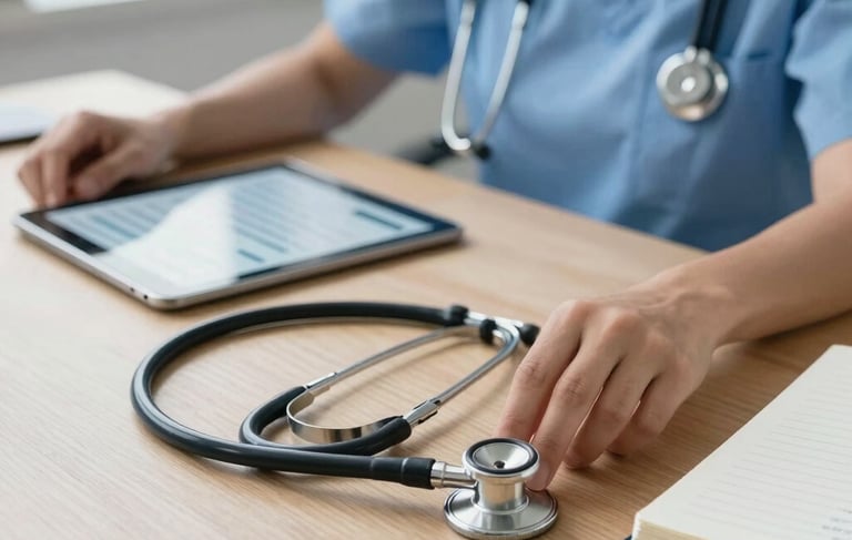 A professional and compassionate photography of a modern UK healthcare office. A clean wooden desk features a classic stethoscope, a digital tablet with a patient management interface, and a notebook. Soft, bright natural light fills the space, with a palette of Alice Blue and deep Charcoal. The setting is efficient and trustworthy.