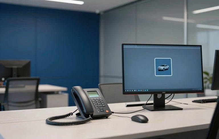 A professional corporate office interior in a modern building in São Paulo, South American / Brazilian style. The scene features a sleek desk with a high-end telephone system and a computer monitor, symbolizing a tele-service hub for the automotive sector. The color palette includes deep blue and slate blue wall accents with light gray furniture. Soft, natural daylight illuminates the clean, minimalist composition. High-quality commercial photography.