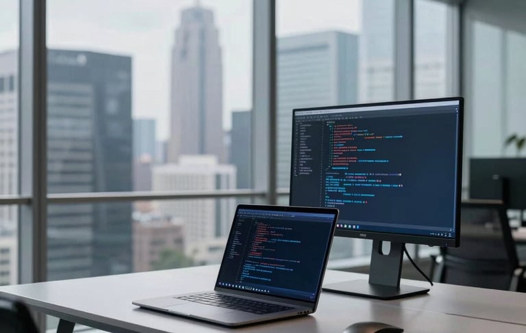 A professional high-end workspace in a modern glass office building, featuring a sleek desk with a minimalist laptop and a vertical second monitor showing lines of code. Soft daylight filters through large windows overlooking a global city skyline. The color palette includes silver gray, deep black, and vibrant blue accents. Global / International setting.