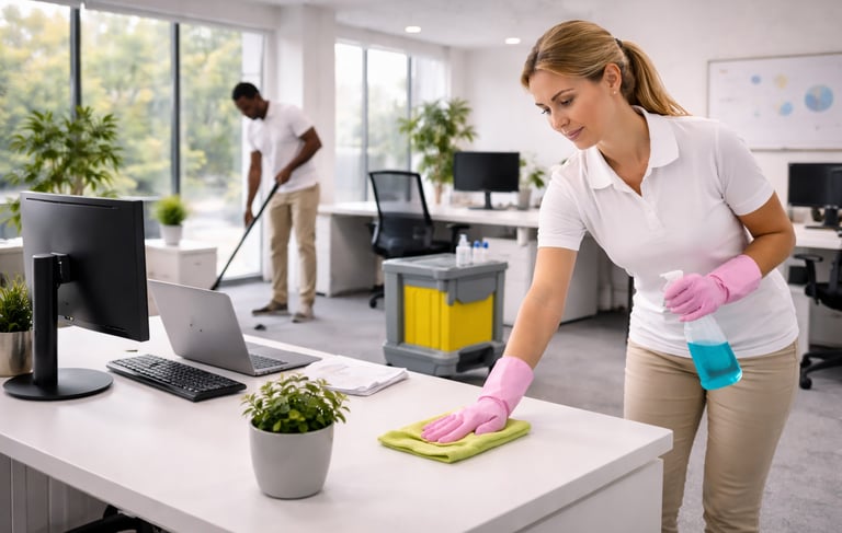 Professional commercial cleaning team disinfecting office desks and workspace during office cleaning
