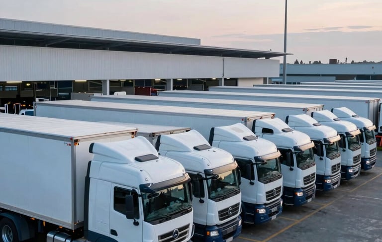 A professional wide-angle photography of a modern South American logistics terminal at dawn. Clean white and navy blue semi-trucks are parked in a perfectly aligned row. The scene features cinematic lighting with ice white and steel blue highlights, emphasizing efficiency, order, and large-scale industrial expertise.
