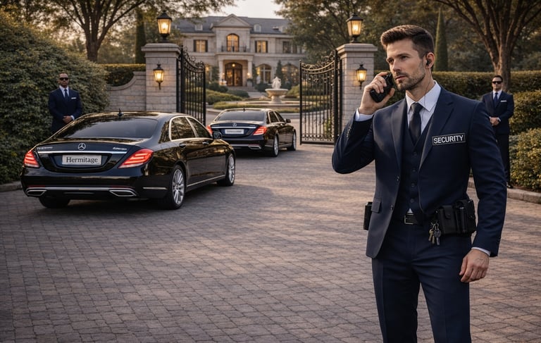 Professional security guard in a suit protecting a luxury estate with black executive cars.