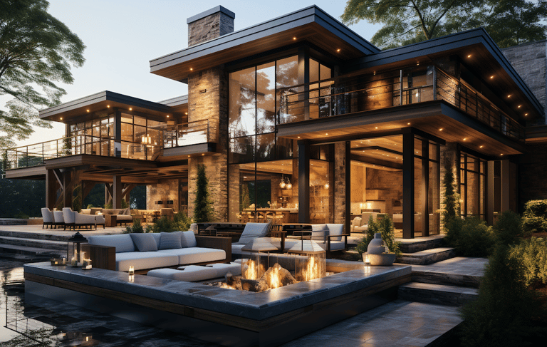 a large outdoor living room with a fire pit