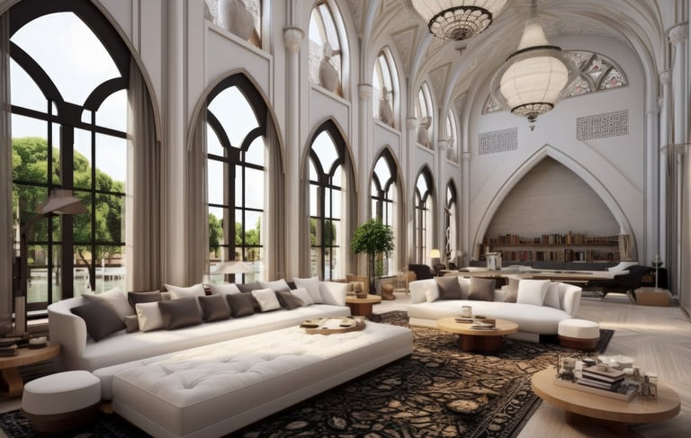 a large living room with a large couch and a large window