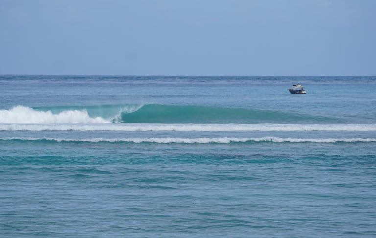 Fun left-hand wave at Ombak Toska with boats in background