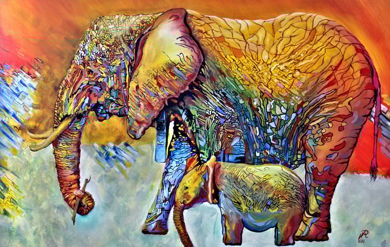 Original Elefant mit Baby in Pop Art