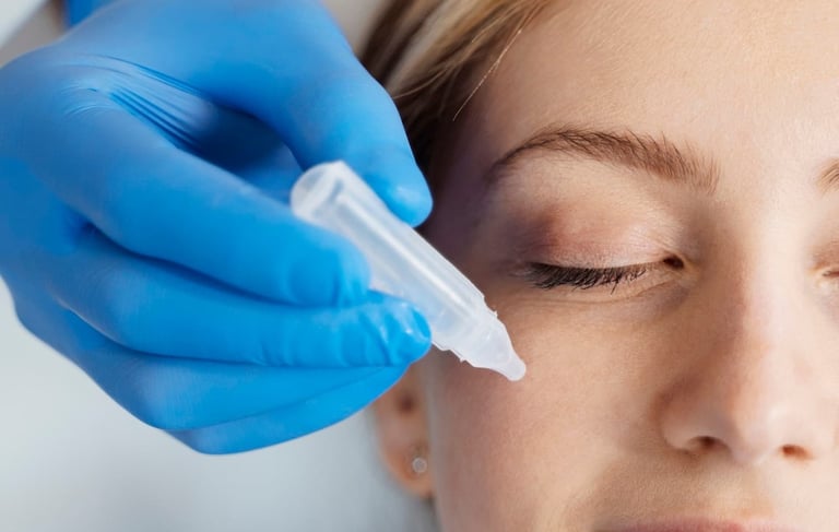 Vrouw met een chirurgisch handschoen aan dat vloeistof op een gezicht aanbrengt