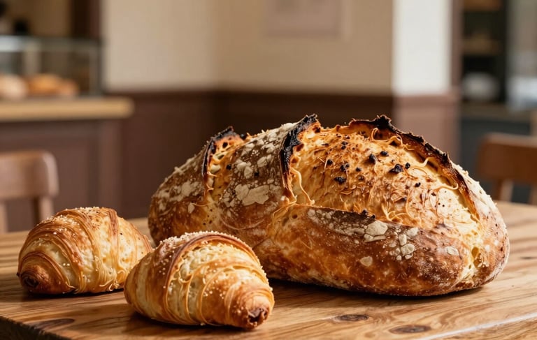 A warm, high-quality photograph of freshly baked artisanal sourdough bread and pastries on a rustic wooden table. Soft golden hour lighting highlighting textures. The background shows a clean, modern South American Brazilian bakery interior with cream walls and dark brown accents. Professional food photography style.
