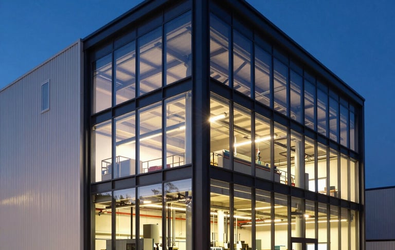 A professional architectural photography shot of a modern European industrial facility facade at dusk. The building features clean glass and dark steel lines, with warm interior light highlighting the CNC machinery area inside. The sky is a deep midnight blue, contrasting with the sharp midnight blue and off-white exterior.
