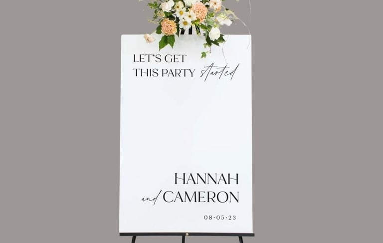 white wedding sign for Hannah and cameron
