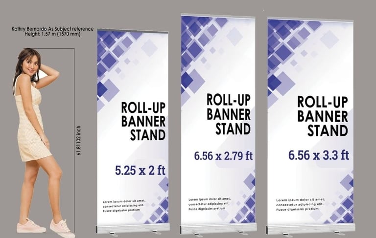 3 pull up banners with kathryn bernardo's on the side for height comparison