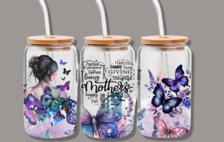 Soda glass with mothers design and butterflies 
