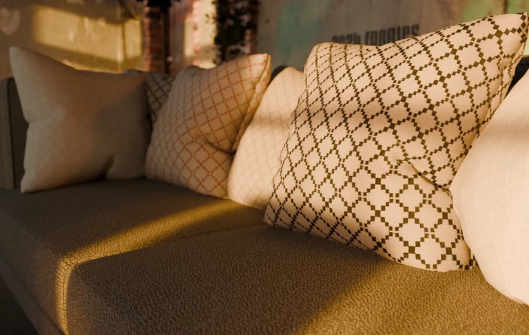 Raštuotos dekoratyvinės pagalvėlės ant sofos