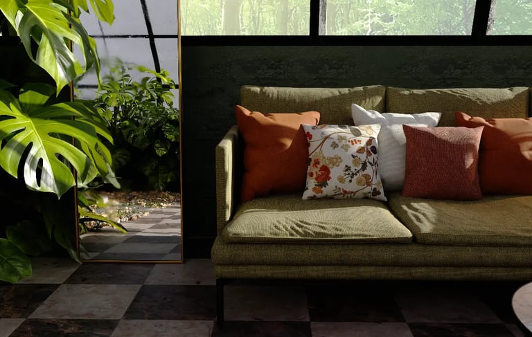 Įvairių spalvų dekoratyvinės pagalvėlės ant žalios sofos prie augalo