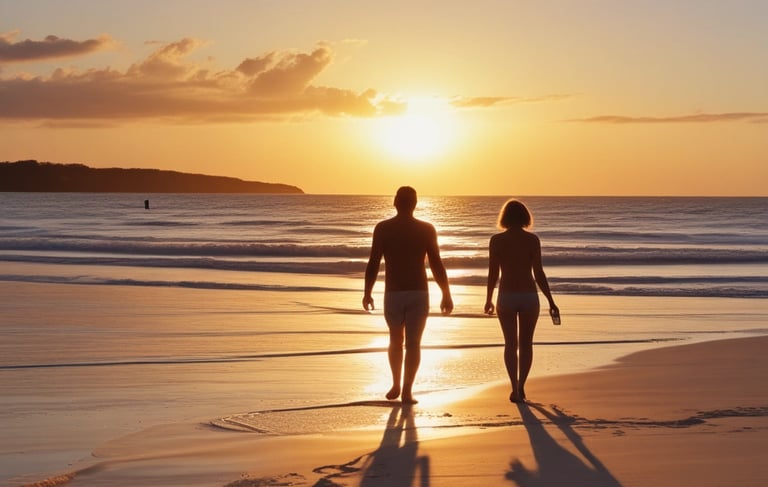 COUPLE NU MARCHANT SUR UNE PLAGE