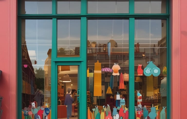 a dog sitting in a display case with stuffed animals