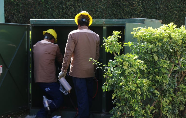 Dos ingenieros con sombreros están parados frente a una caja verde de electricidad