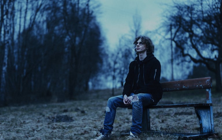 a man sitting on a bench in a park in a blue hour