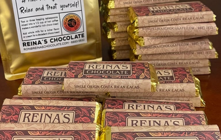 large quantity of Reina's chocolate bars and sipping chocolate