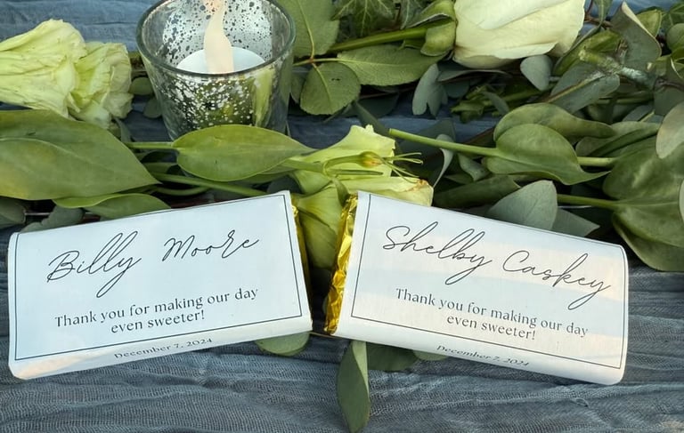 personalized Costa Rica craft chocolate bars used as place cards for a wedding in Guanacaste
